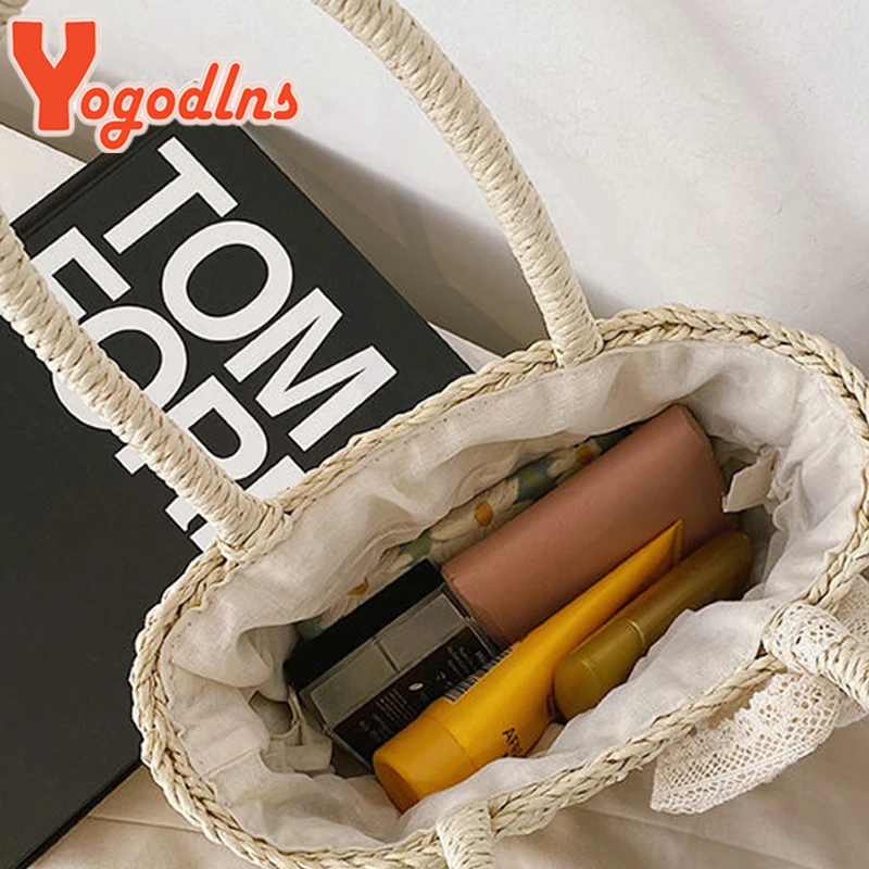 Yogodlns Hot Summer Lace Straw Bag Women Fashion Rattan Handle Bag Handmade Weave Handbag Vacation Lady Beach Bag Casual Pouch