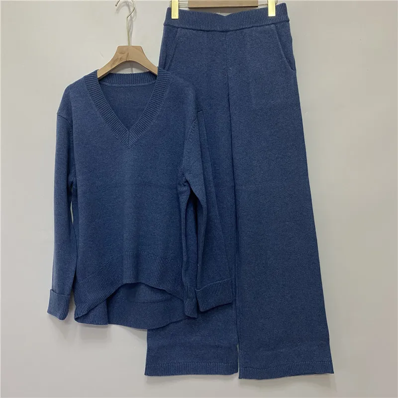 Conjunto de dos piezas de lujo para mujer, 45% Cachemira + 30% Lana, Tops de punto de visón cálido y pantalones de lana de pierna ancha, F2533