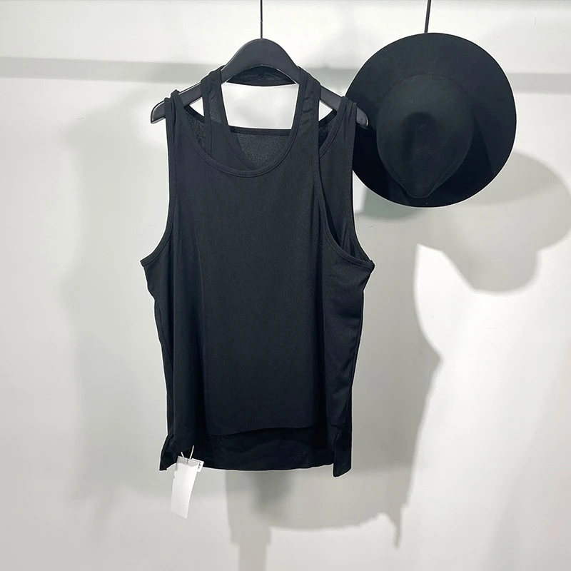 Men's Sleeveless T Shirt Summer New Solid Color Personality False Two Irregular Slim Leisure Large Size Vests