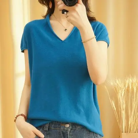 2021 V-neck pullover sweater women cotton Korean version is thin short-sleeved all-match summer T-shirt thin NS4780