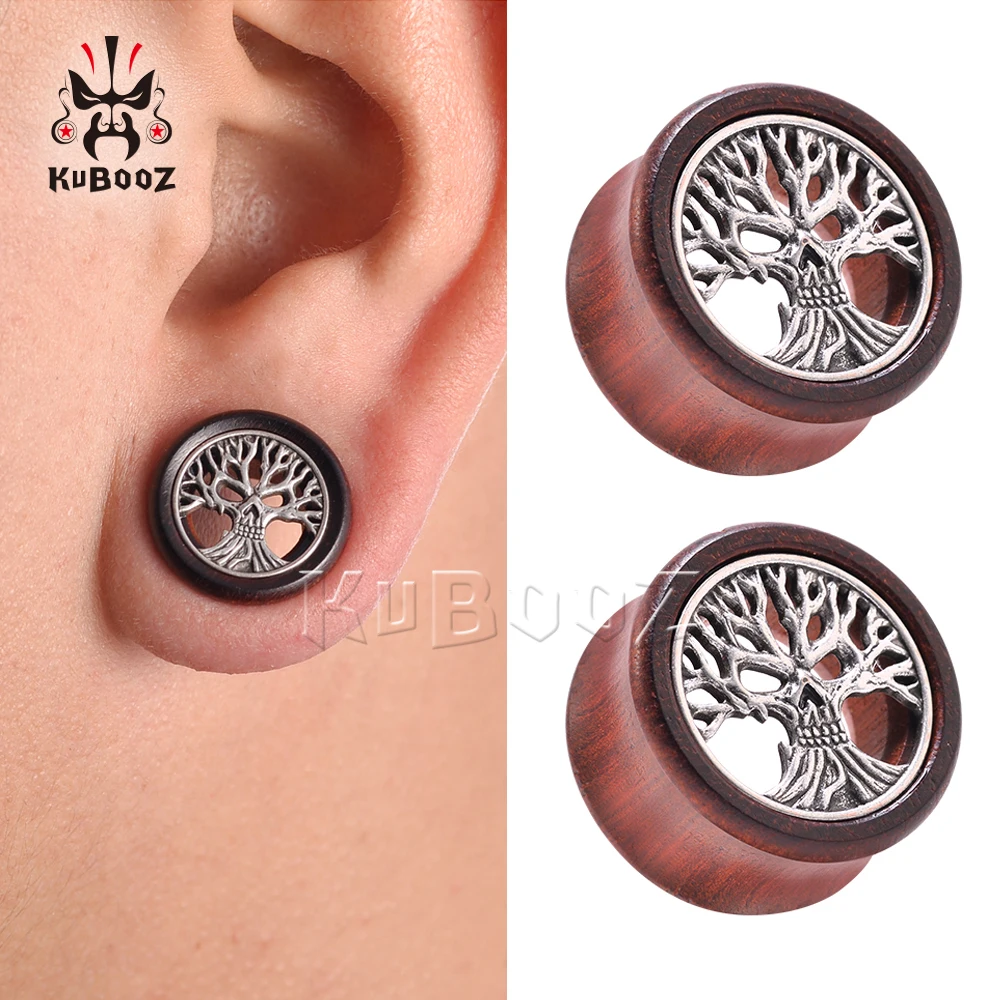 KUBOOZ Latest Skull Life Tree Wood Ear Tunnels Expanders Fashion Body Piercing Jewelry Earring Plugs Gauges Stretchers 2PCS