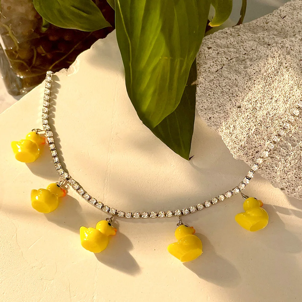 Fashion Cute Cartoon Little Yellow Duck Charms Pendant Necklace for Women Shining Crystal Tennis Chain Necklace Creative Jewelry