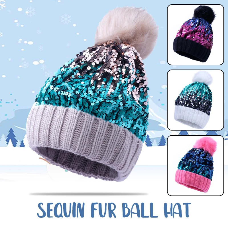 

Winter Warm Fur Pom Pom Knitted Hats Women Shiny Sequins Winter Fashion Beanies Cap Thick Warm Skullies Beanies