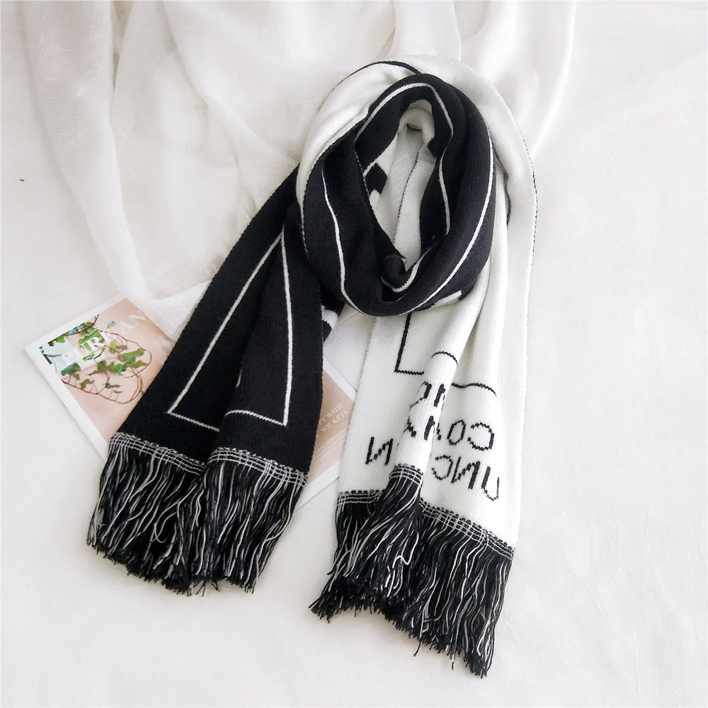 Letters Double Sided tassle Scarf Knitted Wool Long women and man Winter Thicken Warm Soft Shawls Wraps Female Scarf