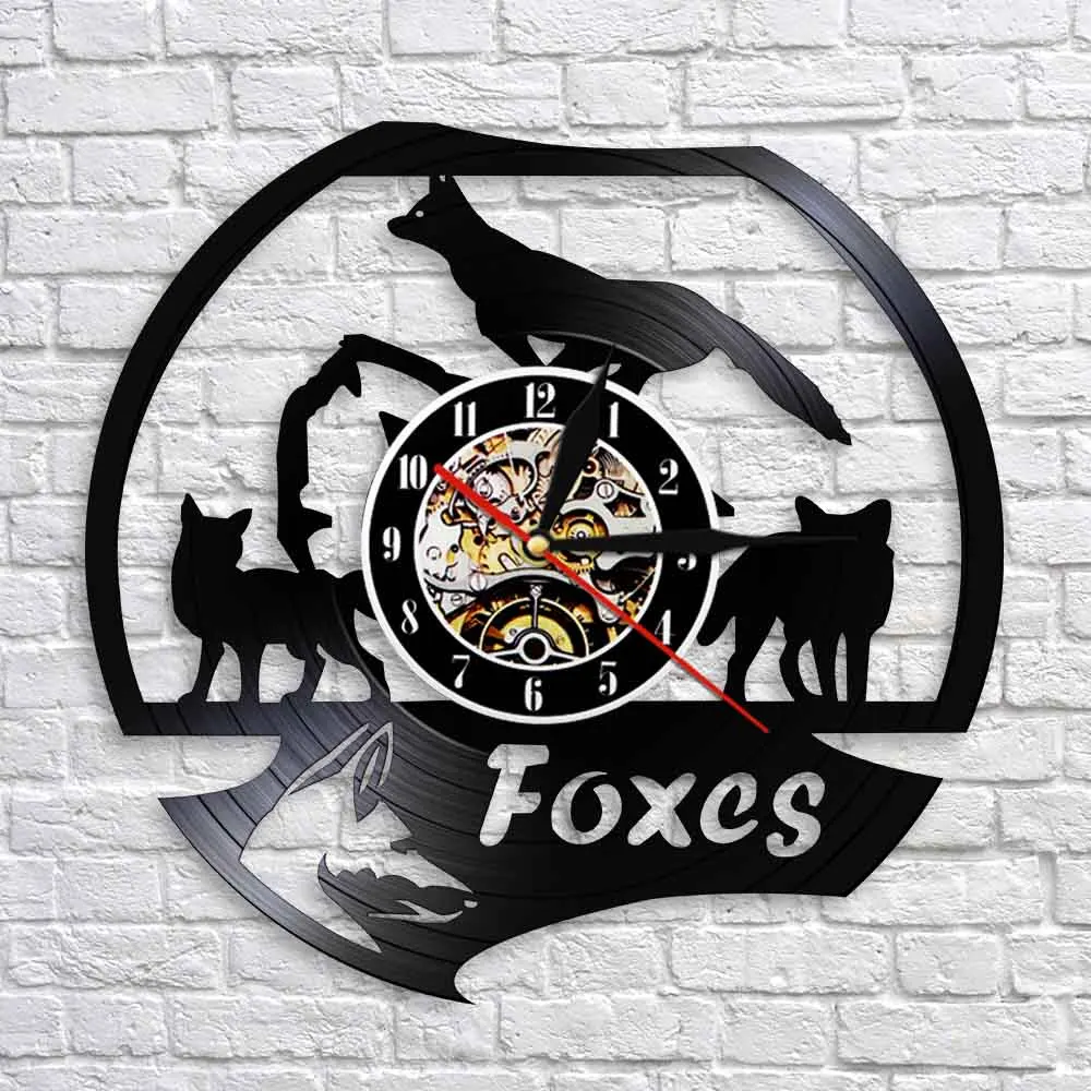 Fox Family Wall Clock Modern Design Wild Animal Vinyl Record Wall Clock 3D Hanging Watches Handmade Nursery Decor For Kids