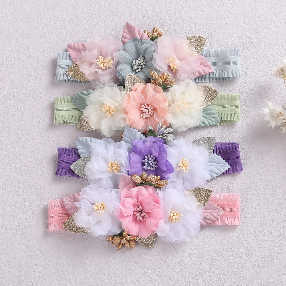 12pc/lot Pastel Color Newborn Pearl flower headbands Baby Artificial Vintage Flower elastic Hairbands Kid Girls Hair Accessories