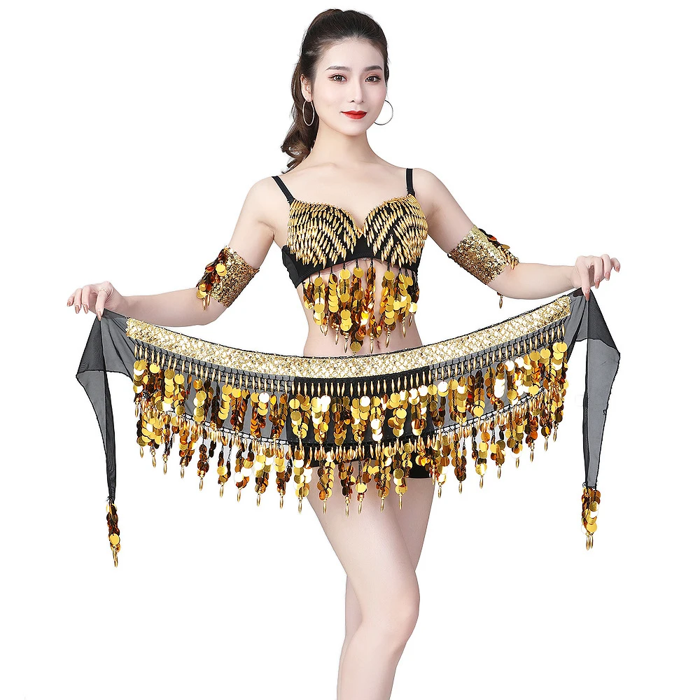 Sexy Girls Cheerleaders Dance Clothes Nightclub Wear Party Coins Hip Scarf Beads Belly Dance Costume Set 3PCS Bra Belt Armbands