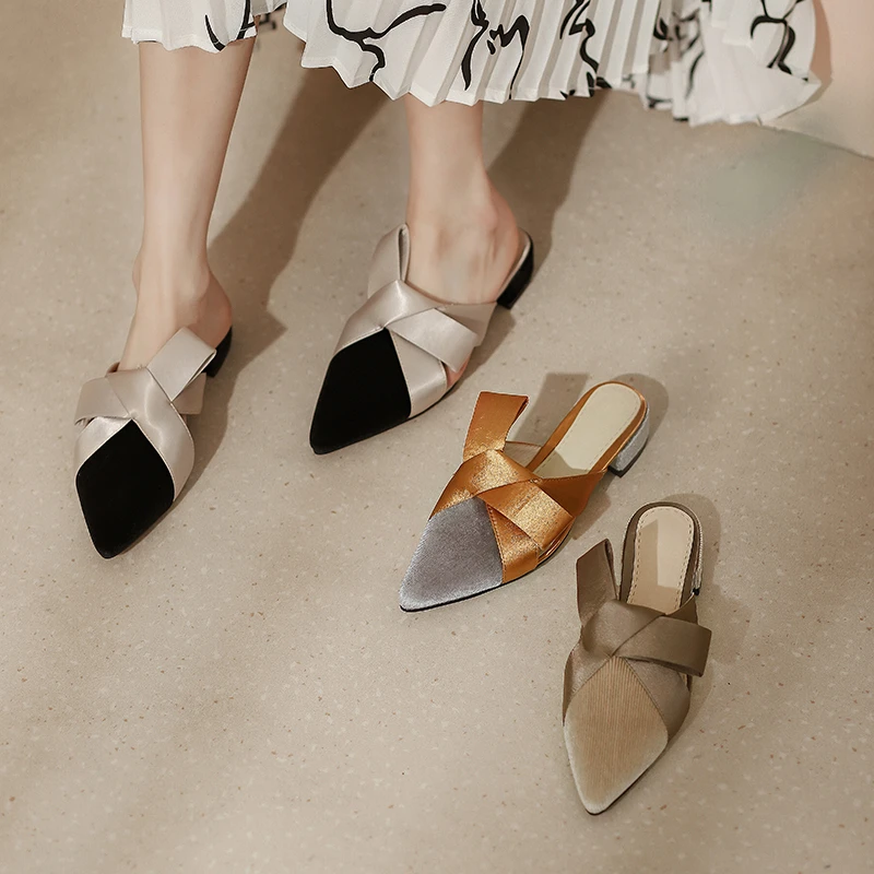 Meotina Flat Sandals Pointed Toe Mules Summer Bow Ladies Slides Women Shoes Fashion Flat Slippers Ladies Footwear 2021 Gray