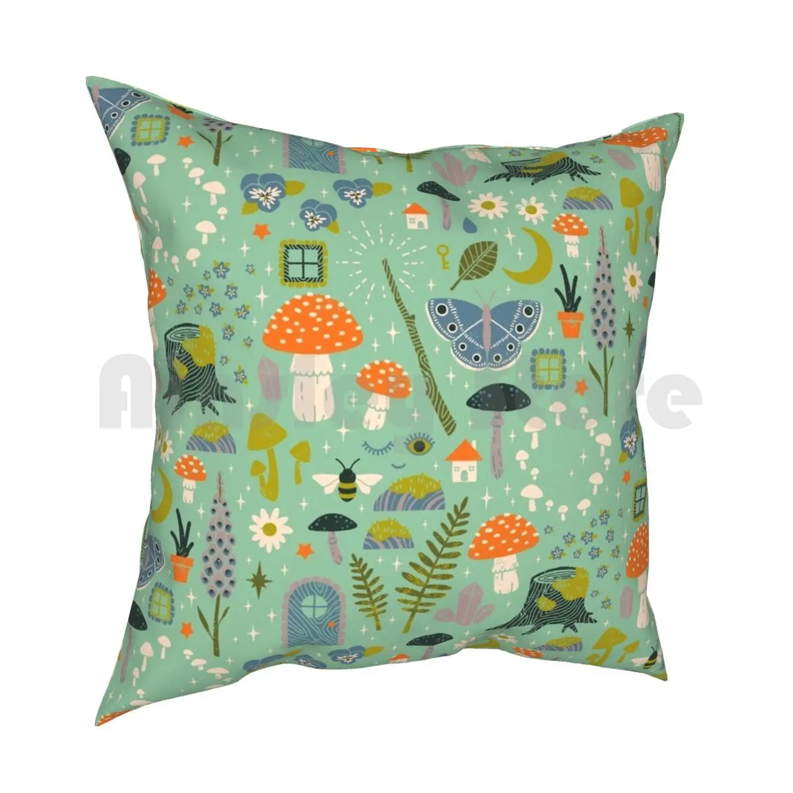 Fairy Garden Pillow Case Printed Home Soft Throw Pillow Pattern Mint Pastel Fairy Garden Nature Mushrooms Bee Flowers