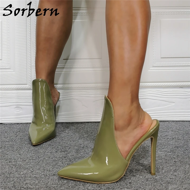 Sorbern Olive Green Women Mules Pump High Heel Shoes Pointed Toe Slip On Stilettos Heels Women Size 9 Custom Color 2020 Fashion