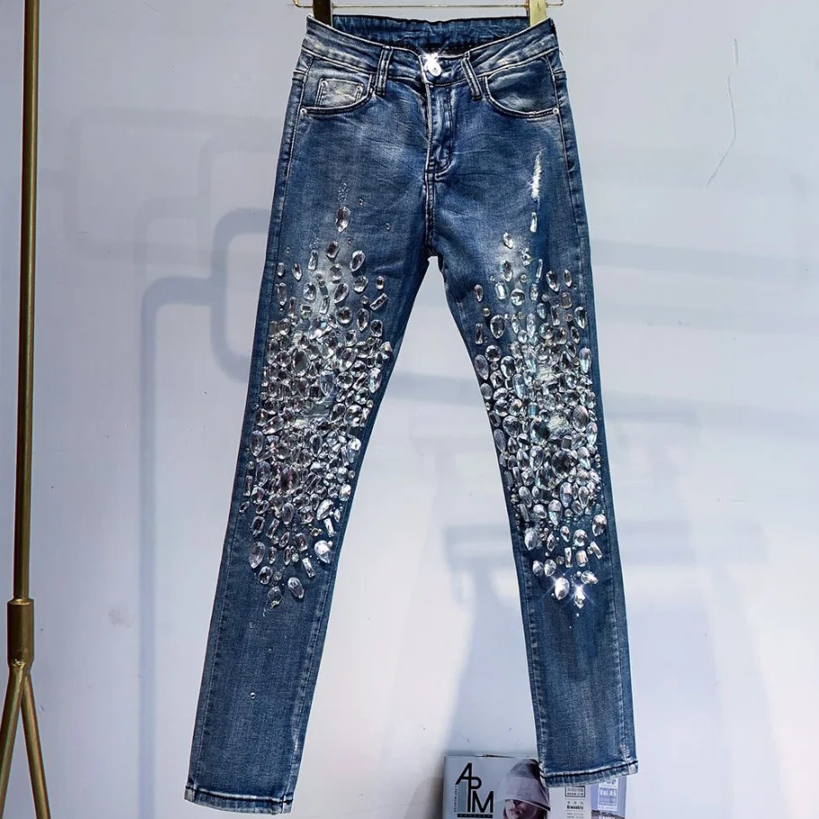 fashion Vintage Women Luxury Embroidered Flares Diamond Denim Jeans Women Beaded Skinny Pencil