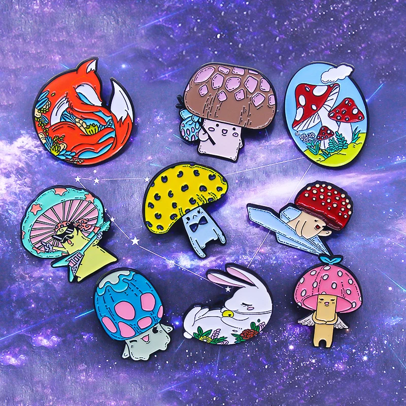 Colour Mushroom Baby Brooches Rock singer Paper Plane Angel Forest Jungle Rabbit Fox Broche Enamel Pin Lapel Animal Jewelry Gift