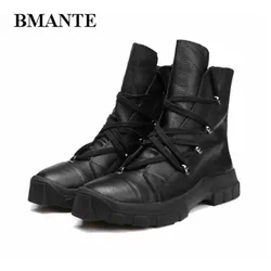 Bmante Men Boots Winter Genuine Leather Handmade Trainers Basic Ankle Boots High Top Lace up Shoes Gothic Dark Owen Sneakers