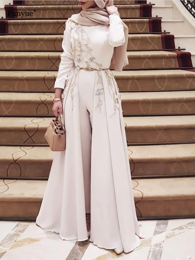 Ivory Long Sleeve Muslim Evening Dress Embroidery robe soiree Islamic dubai Hijab Evening Gowns Pantsuit Formal Prom Dress