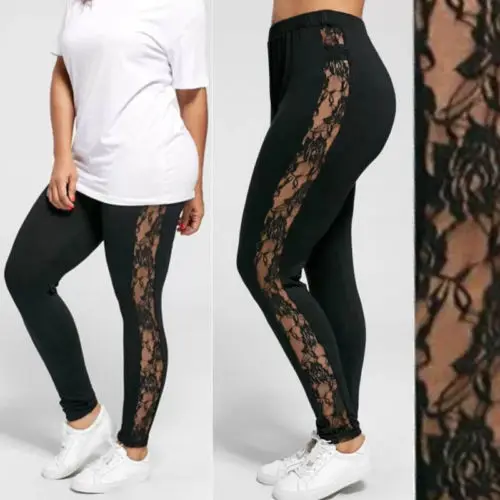 Plus Size L-3XL Solid Casual Women's Lace Patchwork Pants Female Insert Sheer Leggings Spliced Skinny Capris