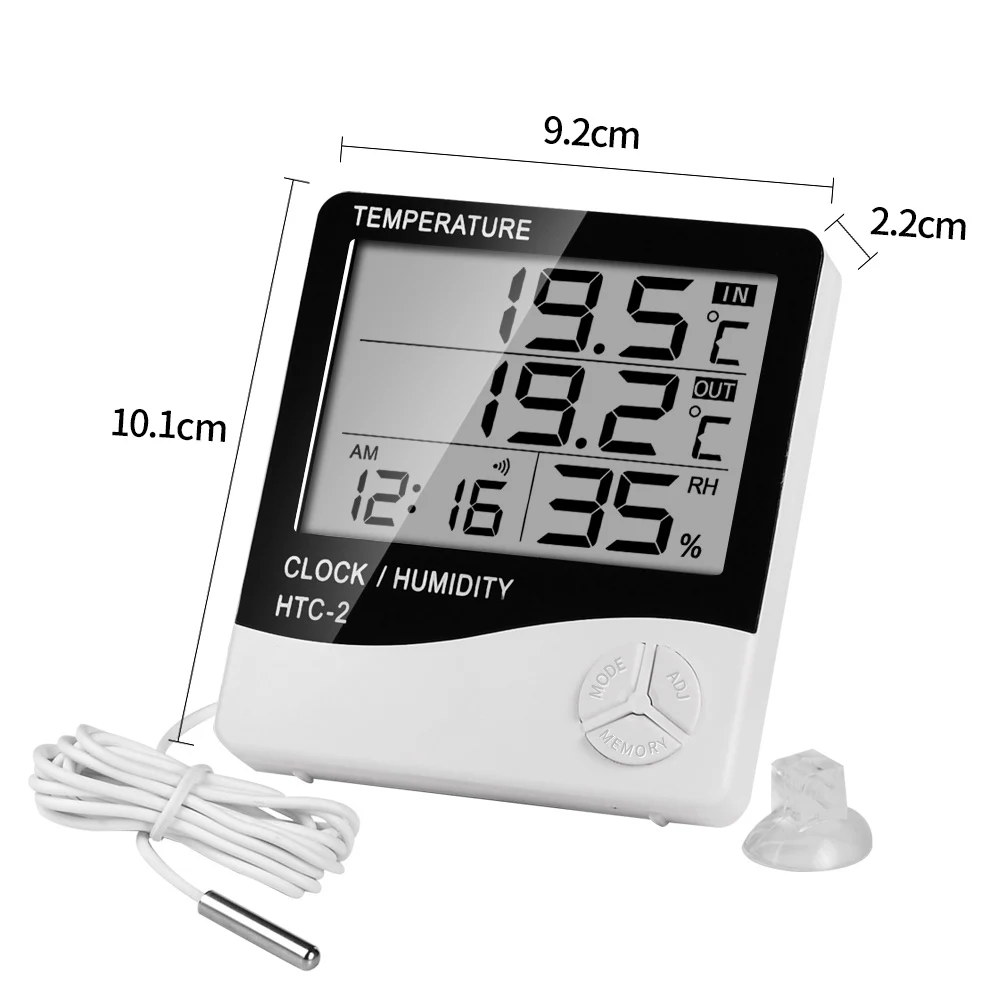 HTC-2 Indoor Room Digital Thermometer Hygrometer Electronic Humidity Temperature Meter Clock with External Outdoor Probe Sensor