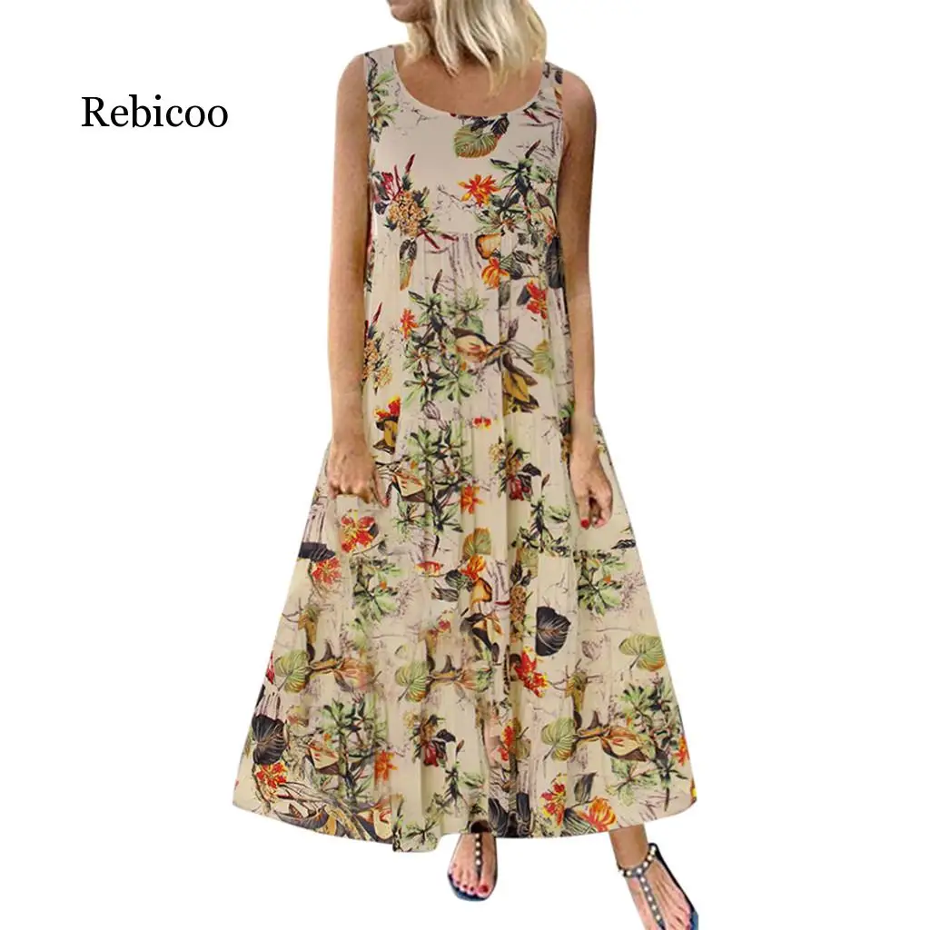 

Clothes Women Summer Boho Floral Print Dress Lady Girls Sleeveless Cotton Sleeveless Party Beach dress