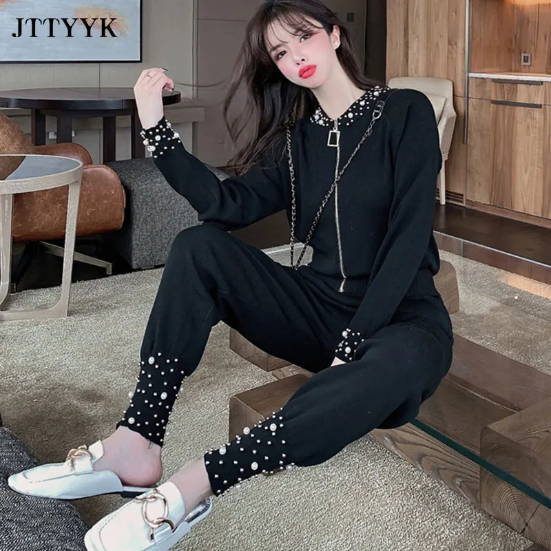 Women 2 Piece Spring Knitted Set Black Trouser Suits Beading Zipper Jacket + High Waist Pants Sports Suits Two-Piece Set Ladies