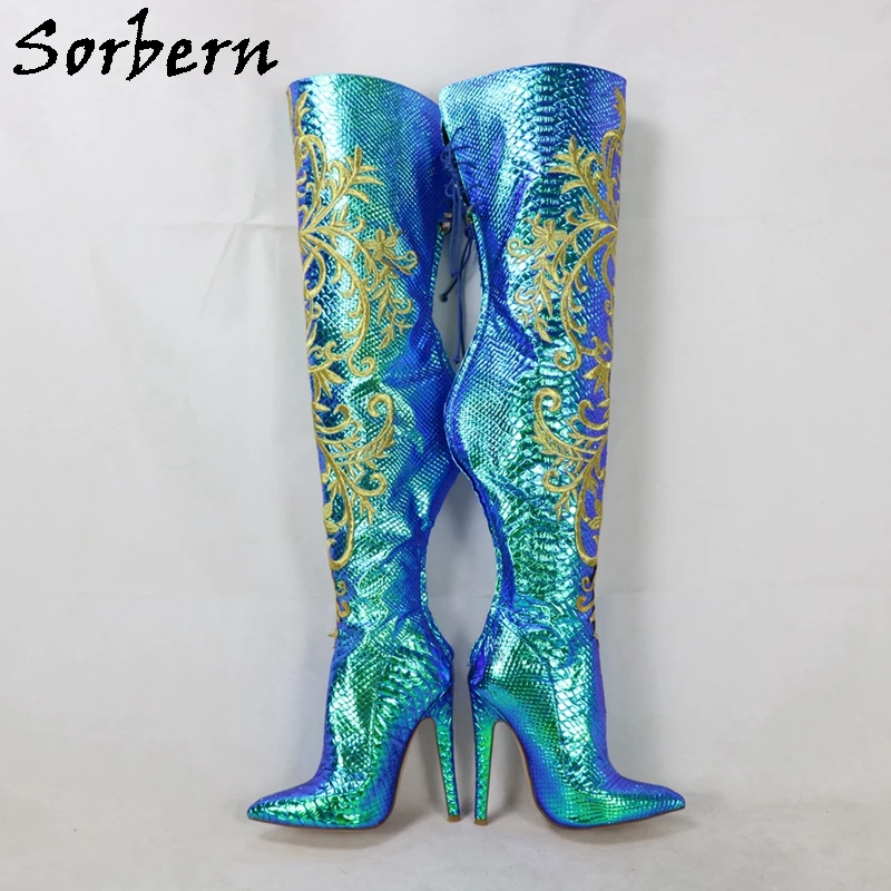 Sorbern Embroidery Women Boots Holo Snake Over The Knee Mid Thigh High Long Boot Pointed Toe High Heels Stilettos Lace Up Back