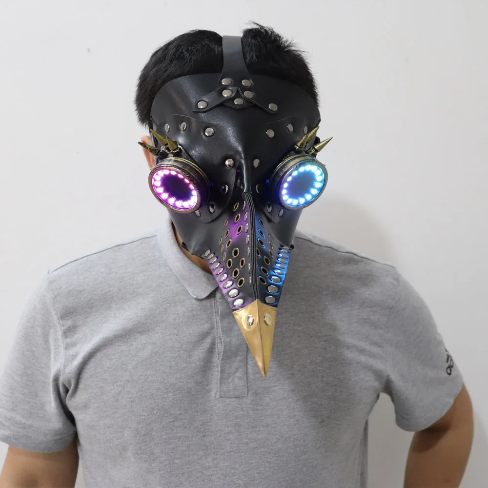 Full color LED lighting Steampunk Plague Bird Doctor Mask Brown PU Leather Bird Beak Mask Gothic Retro Halloween Cosplay