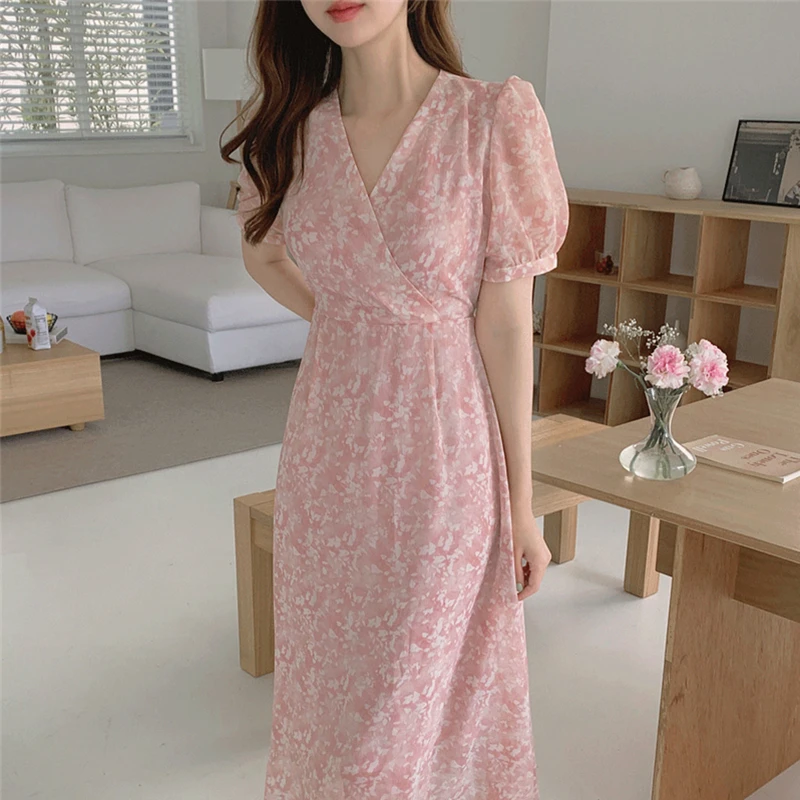 2023 New Casual V-Neck High Waist Chiffon Print Floral Elegant Lace Up Wild Vintage Women Autumn Winter Lady Long Dress DR3517