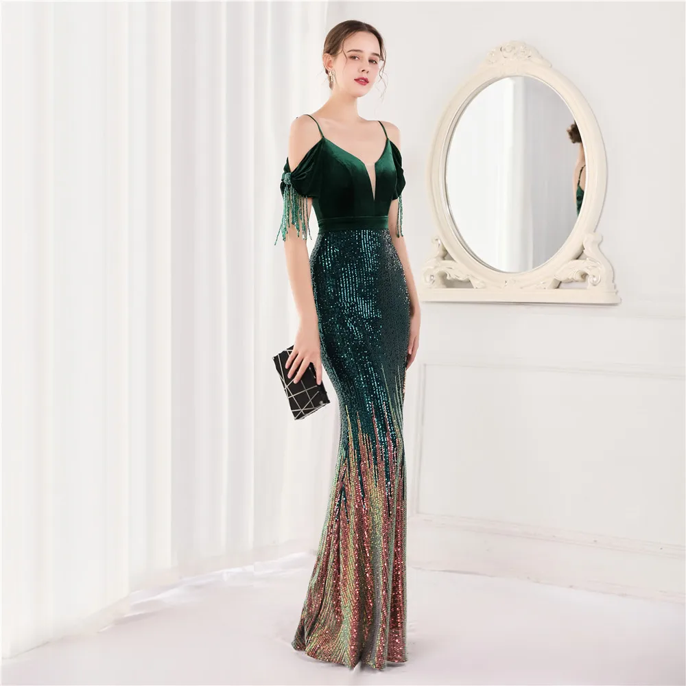 DEERVEADO K18829 Prom Dresses 2022 New Emerald Green Maxi Dress for Women Mermaid Sequin Party Dresses Prom Gown