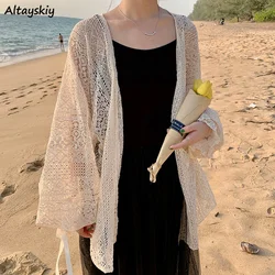 Strickjacke Frauen Aushöhlen Dünne Sommer Süße Adrette Ulzzang Solide Alle-spiel Koreanische Femme Einfache Chic Täglichen Mujer Tops