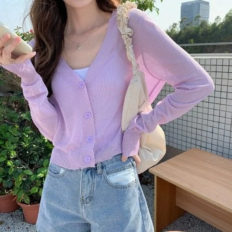 Cardigan Women Thin Summer Casual Solid Feminino Sun-proof Ulzzang All-match Knitted V-neck Sweet Style Candy Color Basic Daily