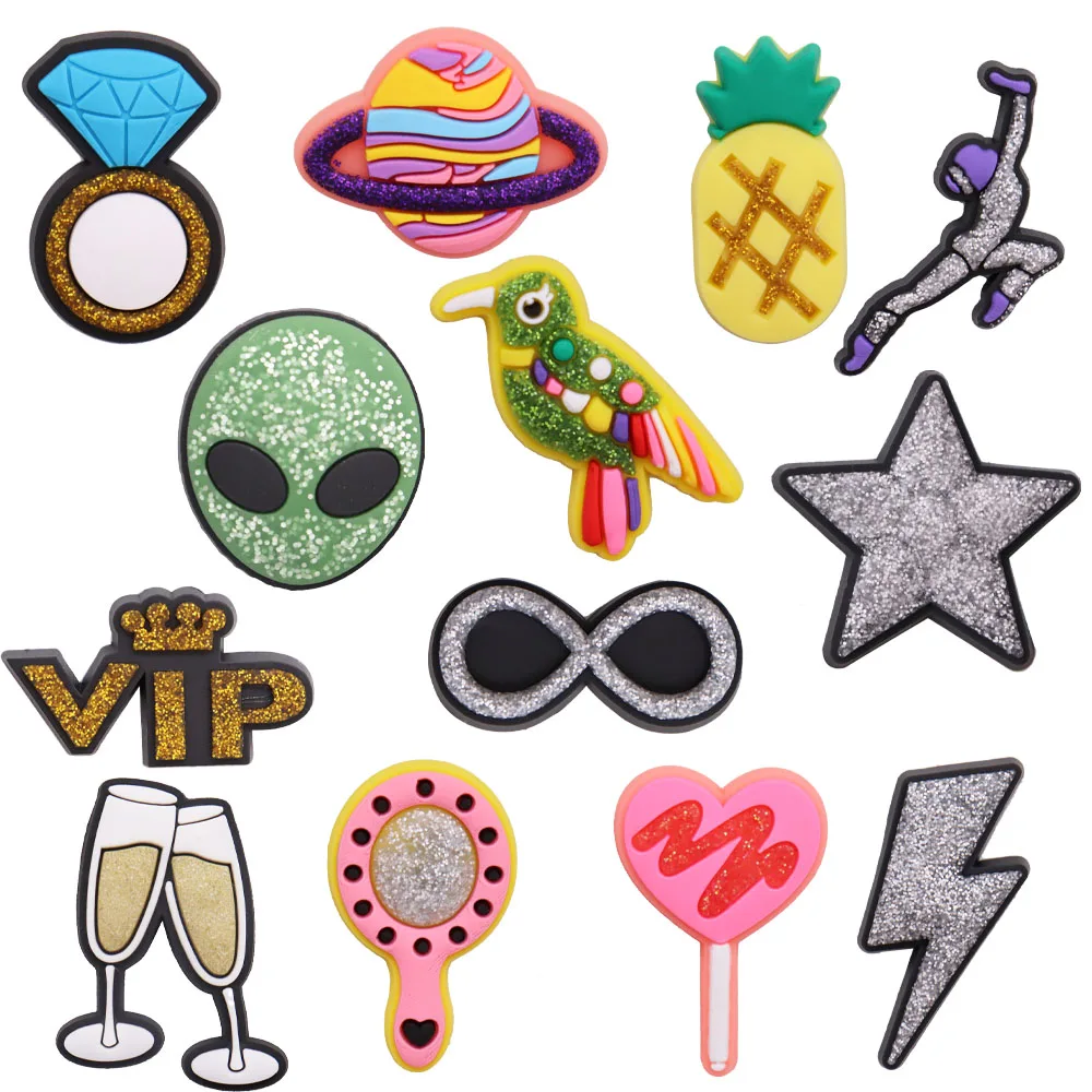 1PCS PVC Shoe Charms Kawaii Flash Powder Diamond Ring Planet Pineapple Alien Parrot Star Buckle Clog Accessories Fit Wristbands