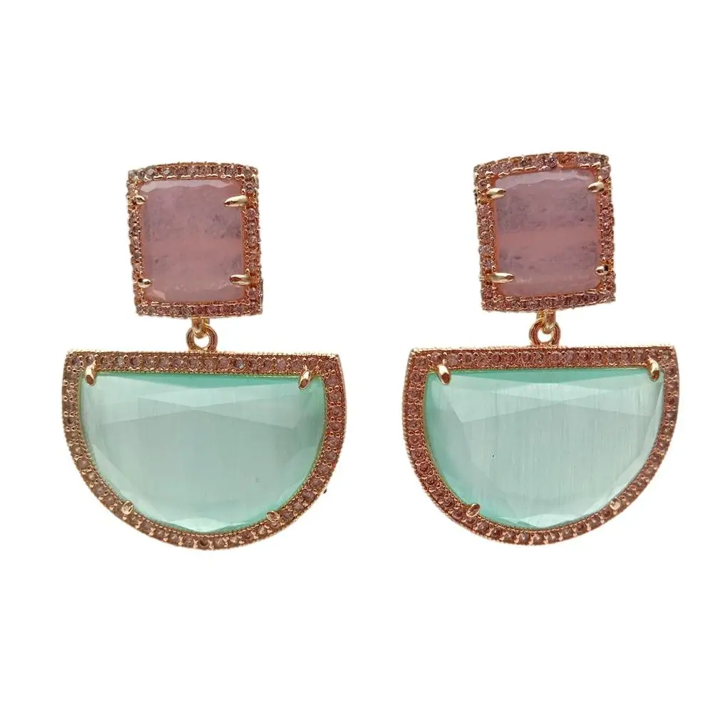 

KKGEM 18x26mm Semicircle Green Dangle Pink Cat Eye Gold plated Stud Earrings Geometric Fashion Jewelry