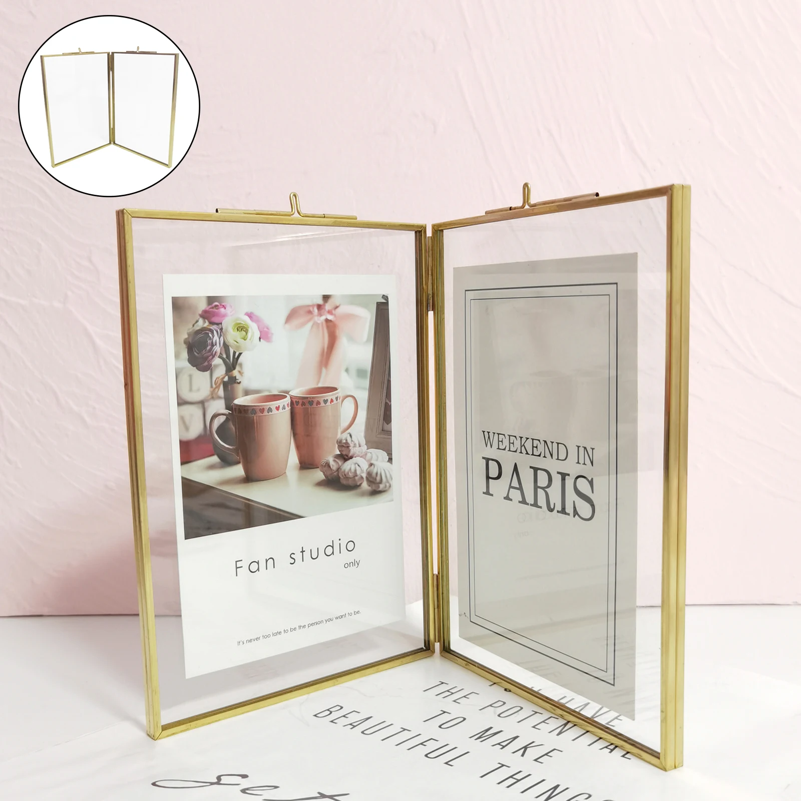 Vintage Gold Picture Frame Two Sided Photo Frames Display Holder with Chain Geometric Shape Decorative Photo Holder Stand