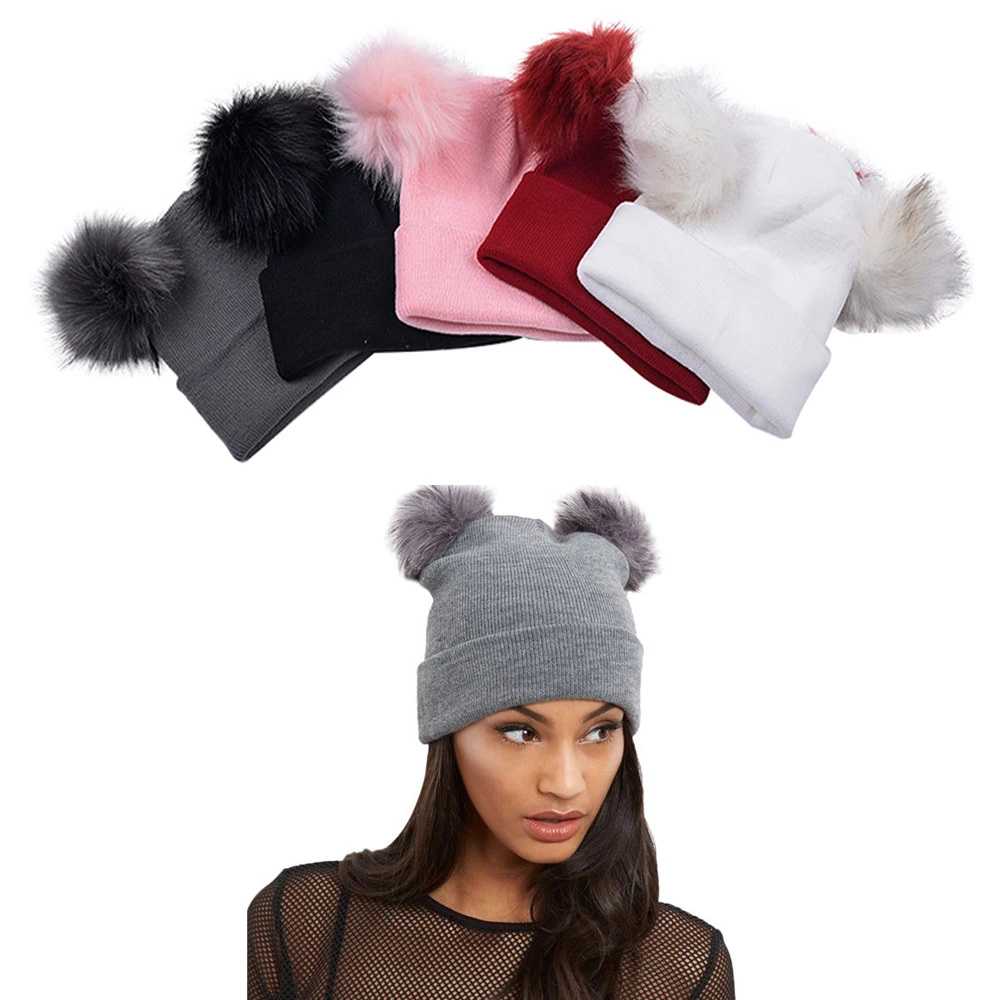 WZCX gorros con pompón doble Color sólido para mantener el calor al aire libre Unisex mujeres elasticidad invierno pompón sombrero tejido