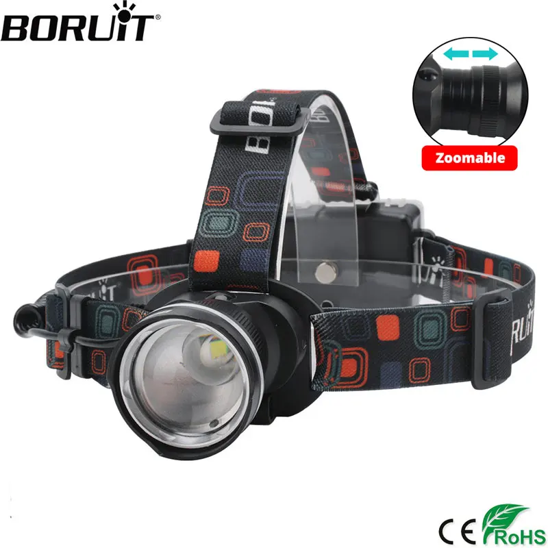 BORUiT RJ-2166 LED Headlamp 1000LM 3-Mode Zoom Headlight Waterproof Use AA Battery Head Torch for Camping Hunting