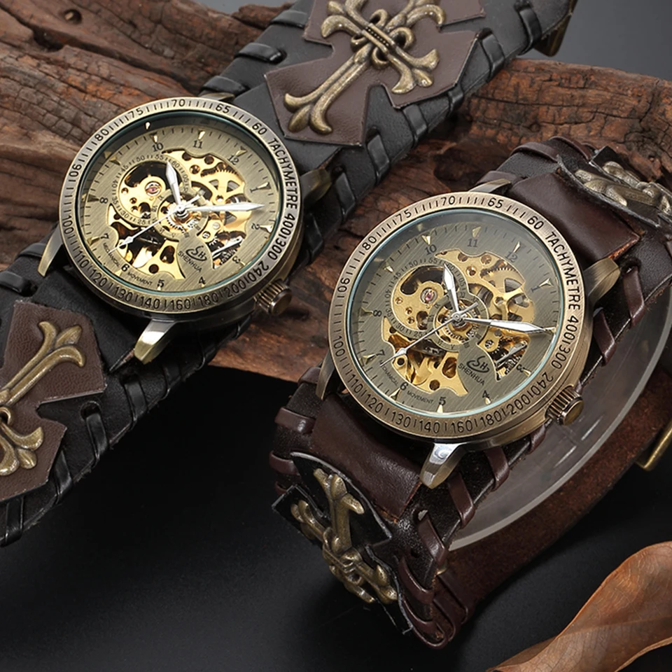 Antique Skeleton Dial Men Automatic Mechanical Watch Vintage Gothic Clock Steampunk Self Winding Watches Brown Rock Reloj Hombre