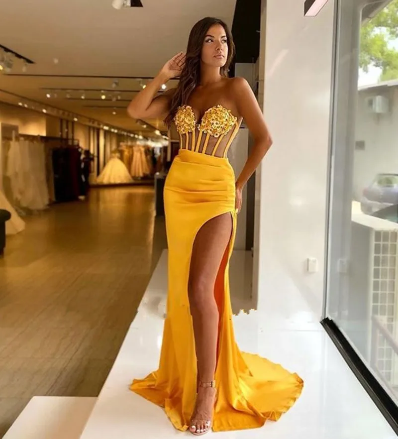 Roze/Gold Mermaid Avondjurk 2021 Bloem Applicaties Slit Prom Party Gown Arabische Dubai Celebrity Wear Robe De soiree