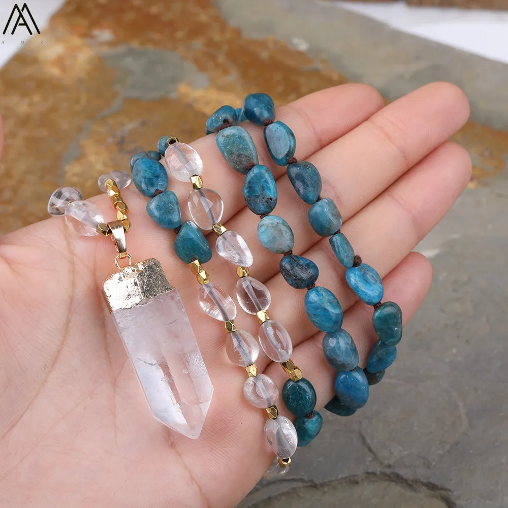 Natural Blue Apatite Nugget Chip Beads Handmade Knot Necklace Women White Quartz Point Bead Yoga Necklace Long 32 Inch