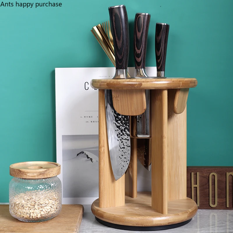 

Rotatable Wooden Knife Holder Tool Holder Kitchen Desktop Shelf Multifunction Storage Rack Chopsticks Cage Drain Rack Knife Rack