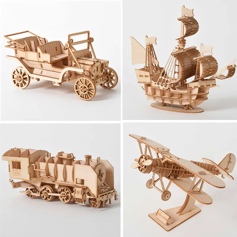 Bricolage 3d puzzle en bois pour assemblage Puzzle découpe Laser bateau à voile biplan Locomotive à vapeur Train jouet bricolage Kit pour adultes enfant