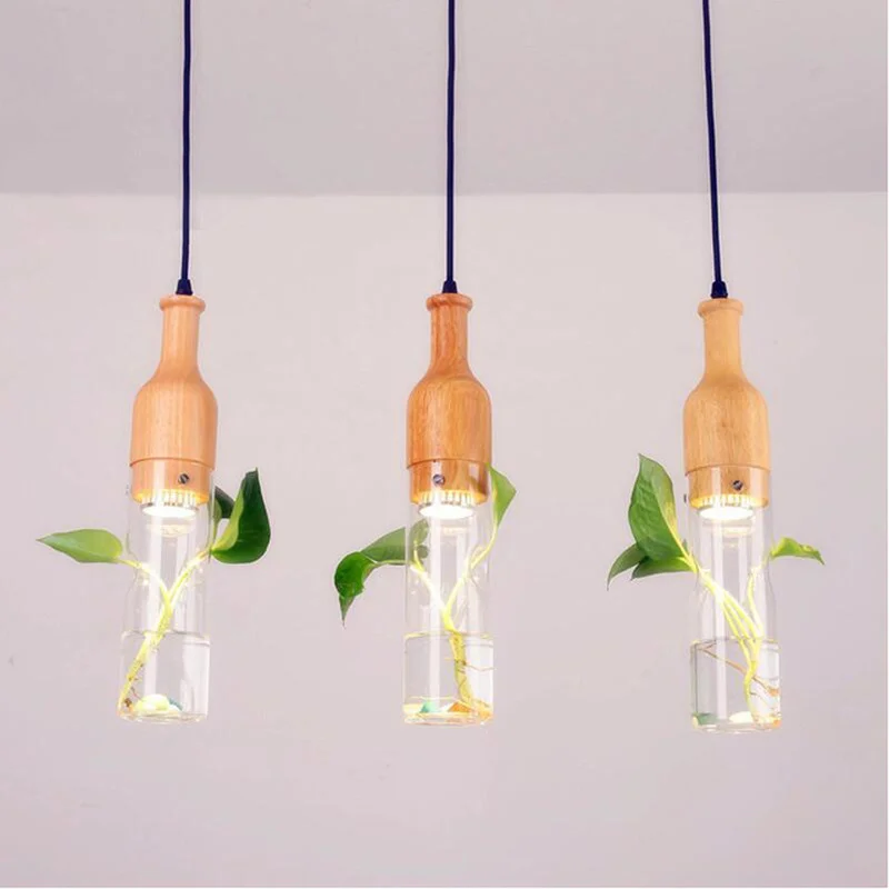 Modern LED plant pendant lamp wood glass Bottle Pendant Light Fixture DIY Home Decoration Dinning Room Bar Cafe E27 fashion hang