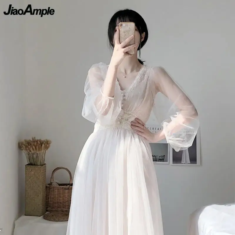 2025 New Girls Sweet Mesh White Dress Women Fashion Elegant Button A-Line Lace V-neck Gown Spring Summer Puff Sleeve Clothing