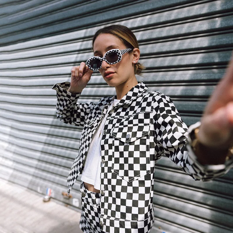 Women Plaid Jackets Autumn Harajuku Checkerboard Cropped Jacket Streetwear Short Coats Tumblr Girl Clothes Checkered Dropship