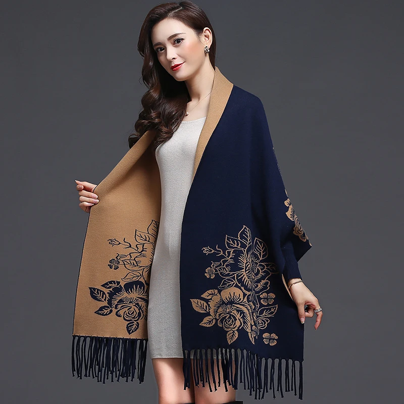 

New Women Fashion Wedding Tassel Knitted Jacquard Shawl Wrap Retro Plus Size Warm Cardigan Poncho Cape Winter Sweater Coat Mujer