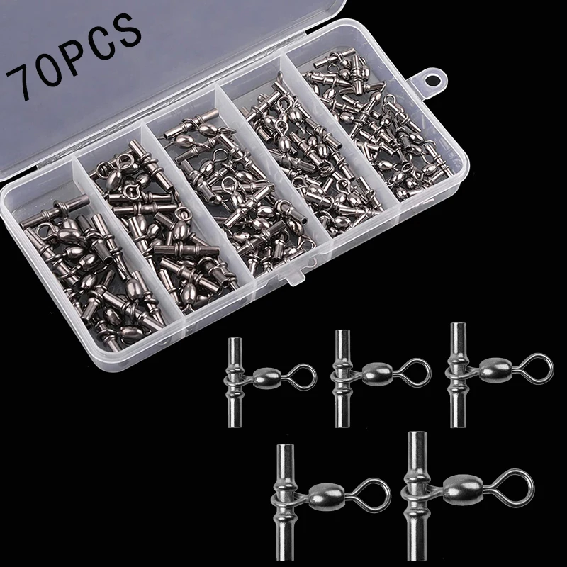 70Pcs/box Brass Fishing 3 Way fishing line connector Crimp Sleeves Cross Line Crane Swivels Fishing rigs tackle