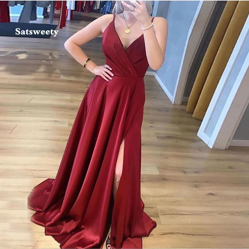 Simples elegante a linha vestidos de noite com decote em v vermelho cetim robe de soiree longo vestido de baile de formatura cintas de espaguete frente dividir vestidos formais