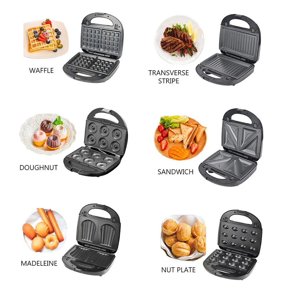 Household Waffle Maker Six in one Breakfast Machine Sandwich Making Machine Shell Doughnut Cake Maker Panini Nut Machine