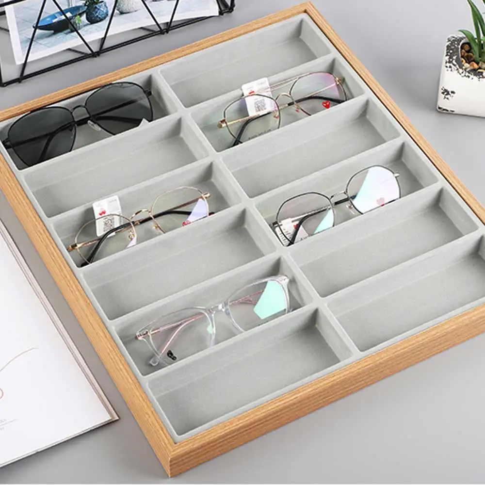 12 Grids Wooden Glasses Storage Rack Velvet Liner Sunglasses Display Tray Eyewear Eyeglasses Storage Organizer Box