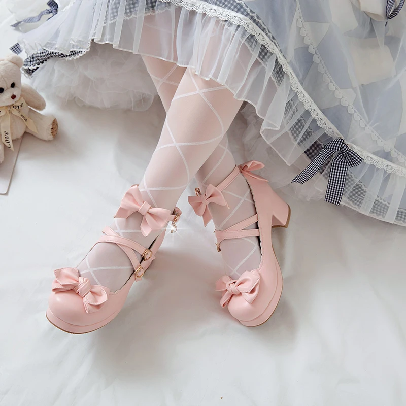 Sweet Bow Buckle Strap Mary Jane Shoes Woman Solid Color High Heel Platform Pumps Women Pink Lolita Ladies Colsplay Party Shoes