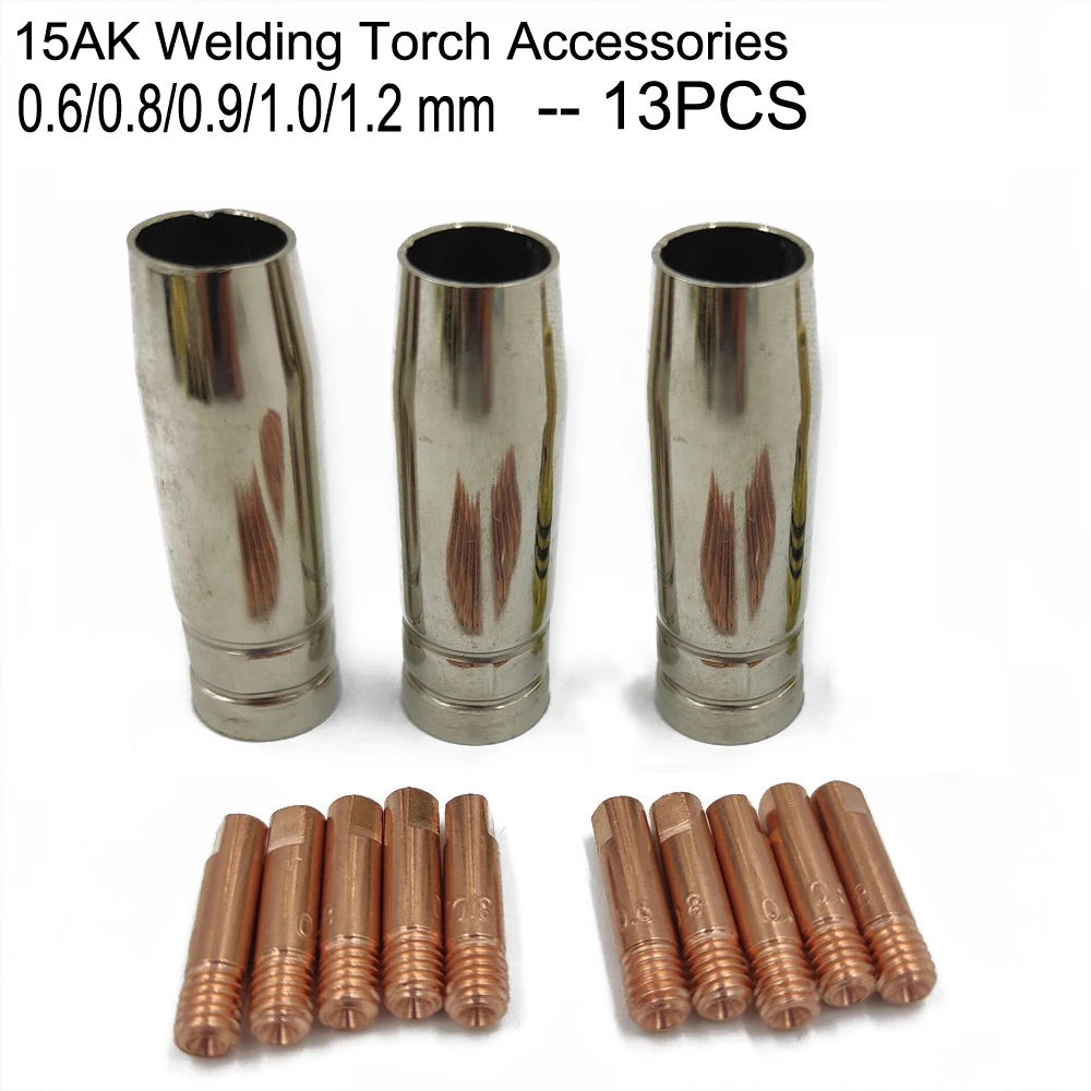 13Pcs CO2 Mig Welding Torch Aircooled MB 15AK Contact Tip Holder Gas 0.6 0.8 1.2 0.9mm Welder Shield Shroud Nozzle Tip Kit