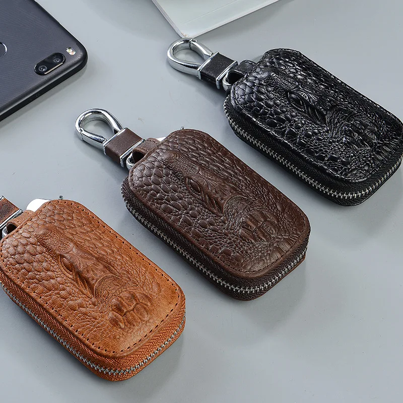 2021 New Men Crocodile pattern Car Key Wallets Genuine Leather Key Holder Housekeeper Keychain Covers Zipper Key Case Bag Pouch