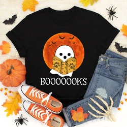 Booooooks Colored T-shirt Spooky Ghost Reading Book Tshirt Cute Women Autumn Halloween Party Gift Tee Shirt Top